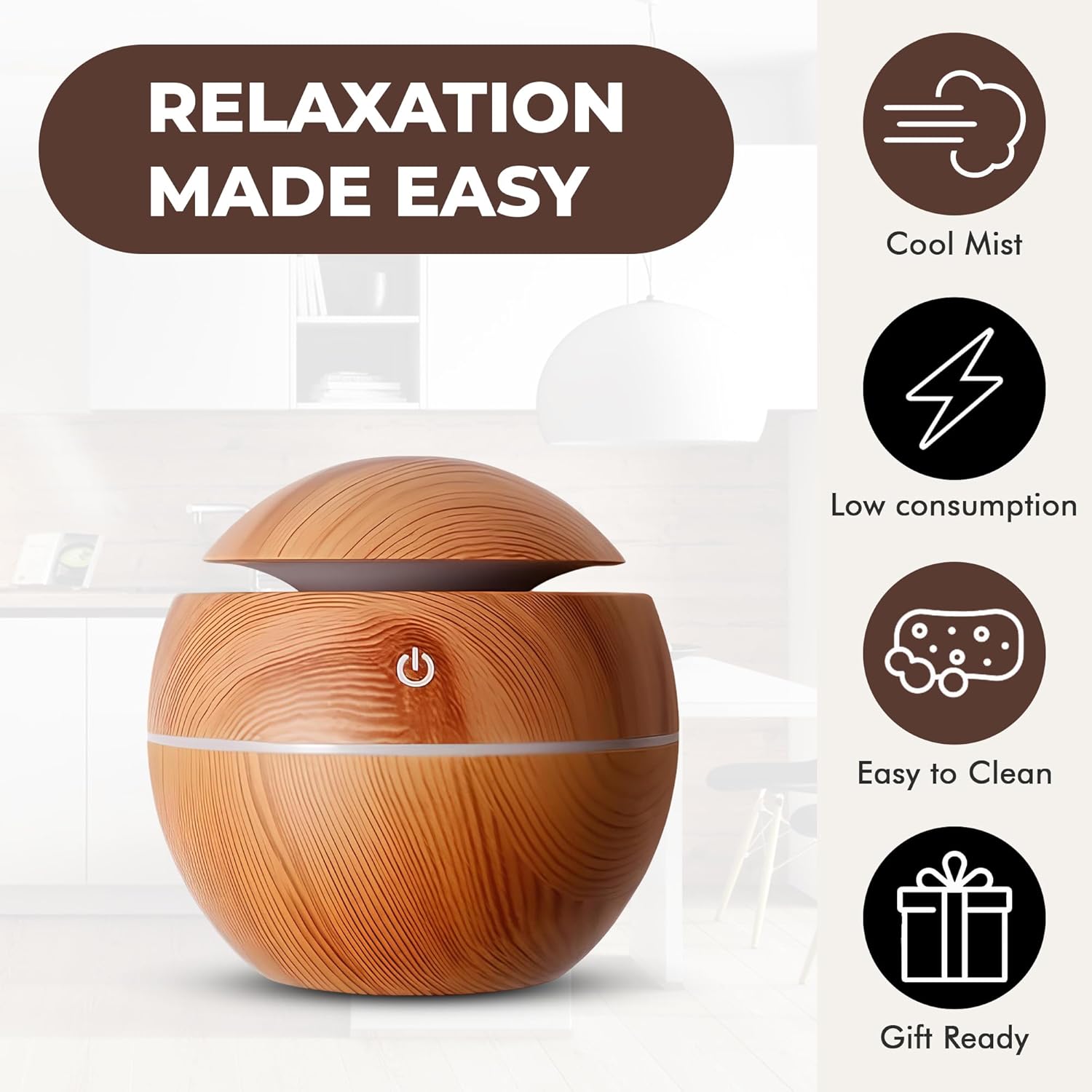 AZULON 130ml yellow aroma diffuser misting on a desk