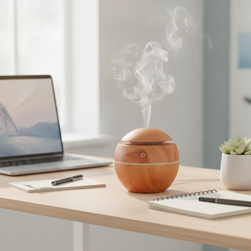 AZULON 130ml mini ultrasonic diffuser-humidifier on a home-office desk beside a laptop