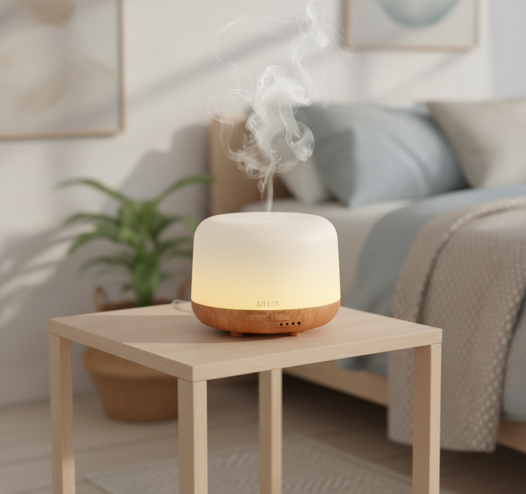 AZULON ultrasonic essential oil diffuser misting in a calm living room