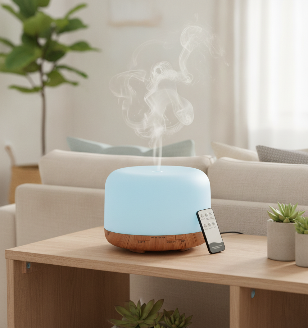 AZULON 500ml ultrasonic essential oil diffuser misting in a bright airy living room