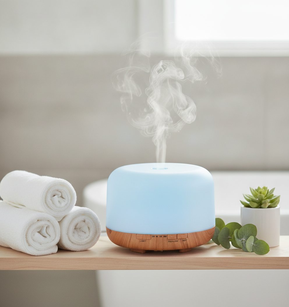 AZULON ultrasonic diffuser on a spa-style bathroom shelf with rolled towels and eucalyptus