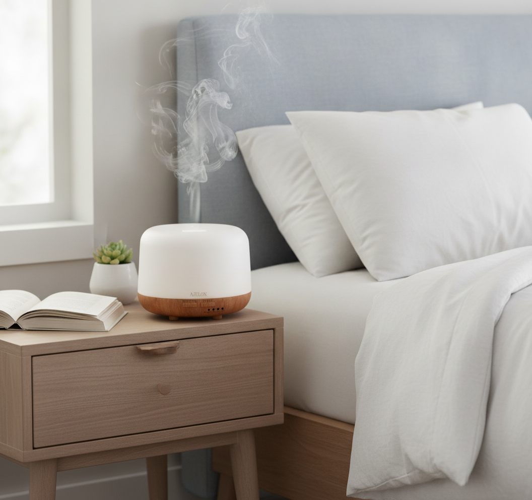 AZULON ultrasonic essential oil diffuser on a bedside nightstand in a serene bedroom