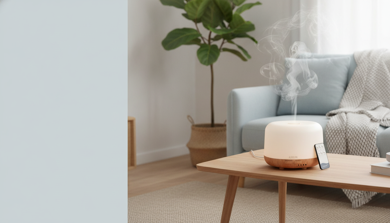 AZULON ultrasonic essential oil diffuser misting in a serene modern living room