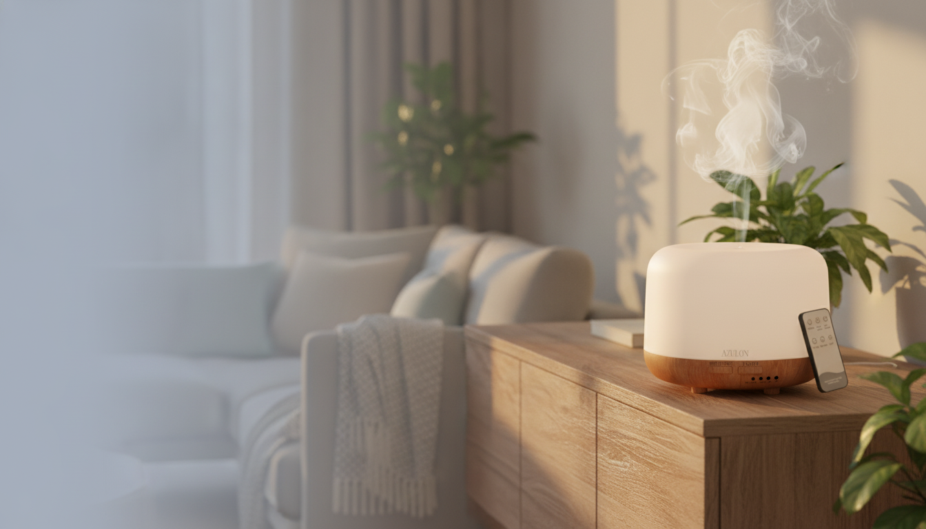 AZULON ultrasonic diffuser misting on a sideboard in a warm living room at golden hour