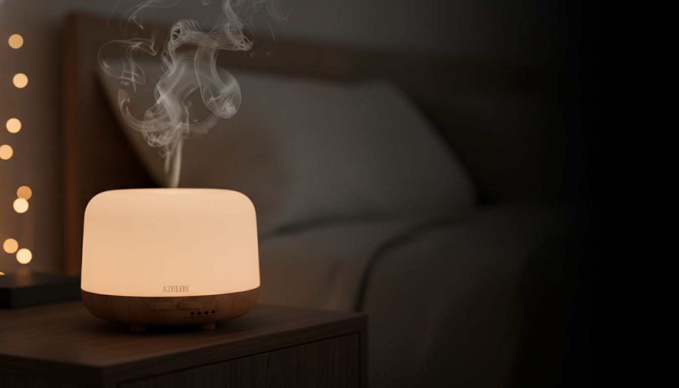 AZULON ultrasonic diffuser glowing as a soft night light in a dark cosy bedroom